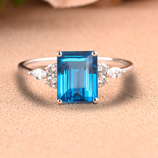 London Blue Topaz Engagement Ring 4 Prong Emerald Cut Vintage Rose Gold Engagement Cluster Ring Moissanite Bridal Ring Promise Ring Anniversary