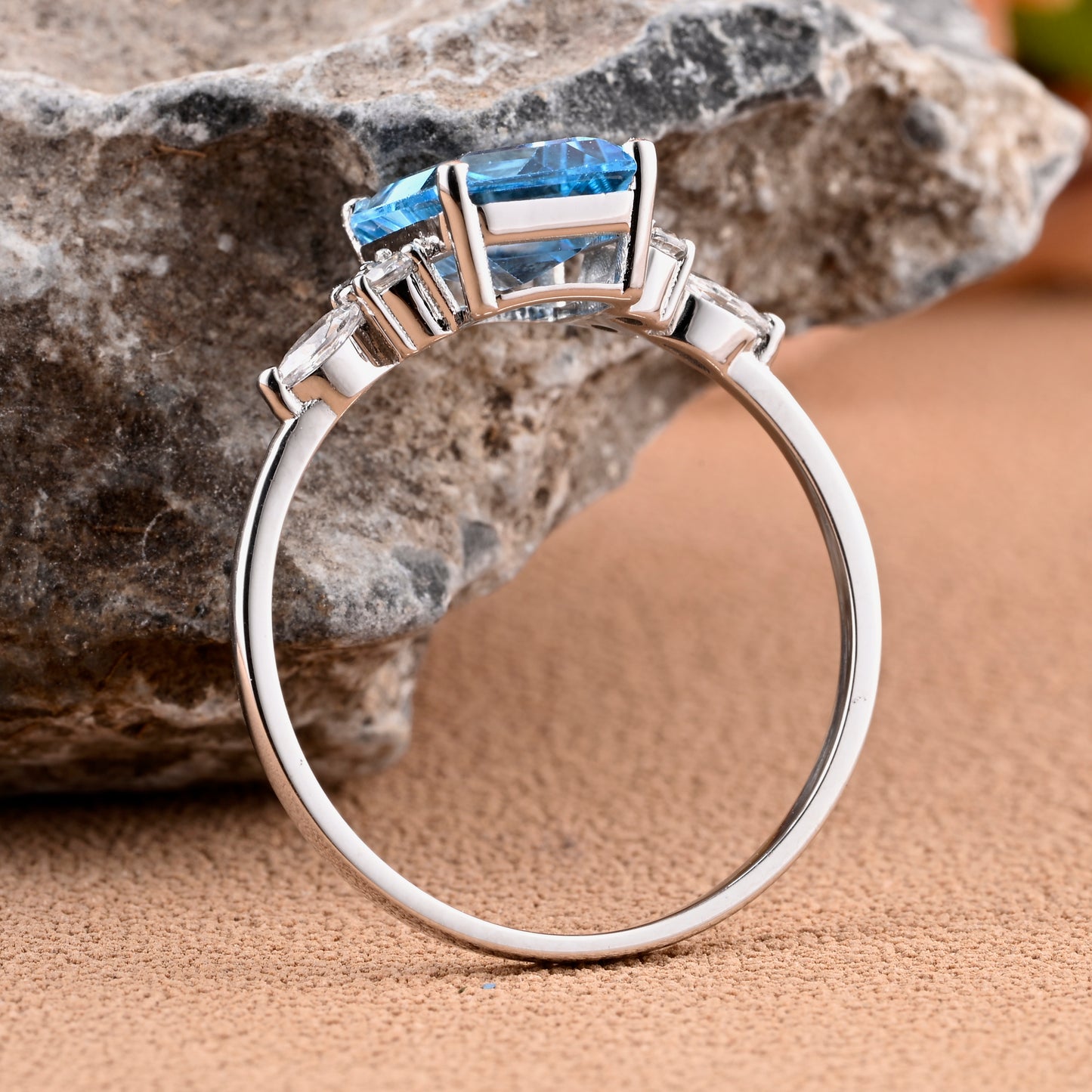 London Blue Topaz Engagement Ring 4 Prong Emerald Cut Vintage Rose Gold Engagement Cluster Ring Moissanite Bridal Ring Promise Ring Anniversary