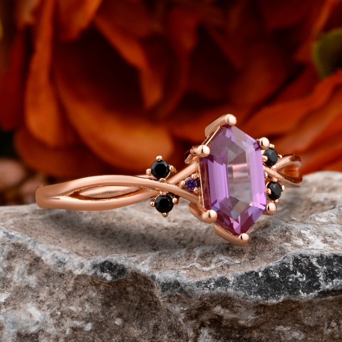 Vintage Hexagon Cut Amethyst Engagement Ring Moissanite Wedding Ring