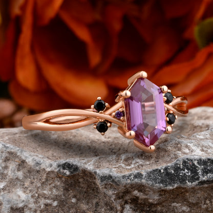 Vintage Hexagon Cut Amethyst Engagement Ring Moissanite Wedding Ring