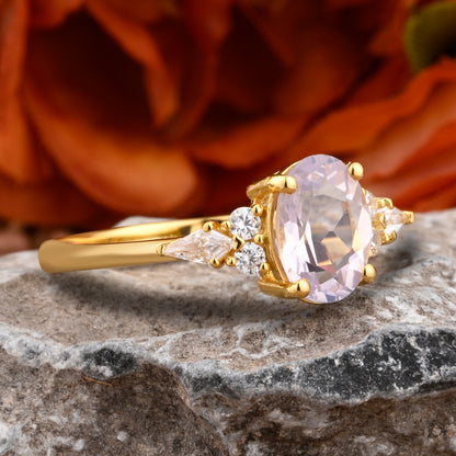 Bague de fiançailles vintage ovale en pierre de lune, bague de promesse unique en opale et moissanite