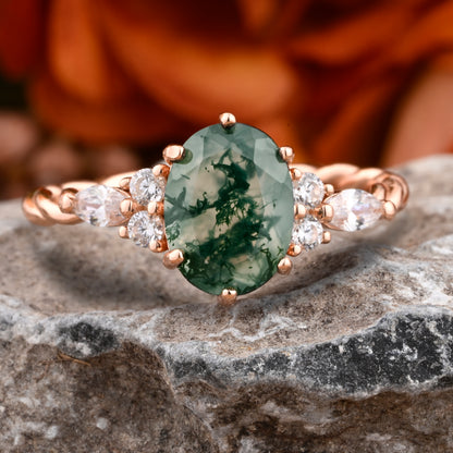 Bague de fiançailles vintage ovale en pierre de lune, bague de promesse unique en opale et moissanite