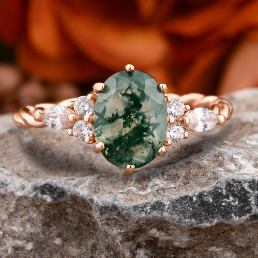 Bague de fiançailles vintage ovale en pierre de lune, bague de promesse unique en opale et moissanite