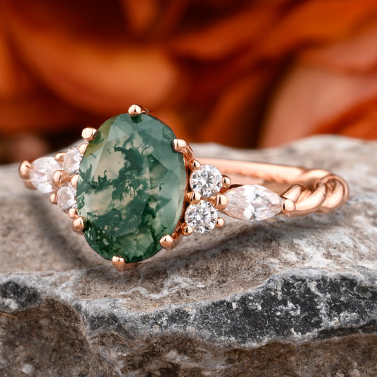 Bague de fiançailles vintage ovale en pierre de lune, bague de promesse unique en opale et moissanite
