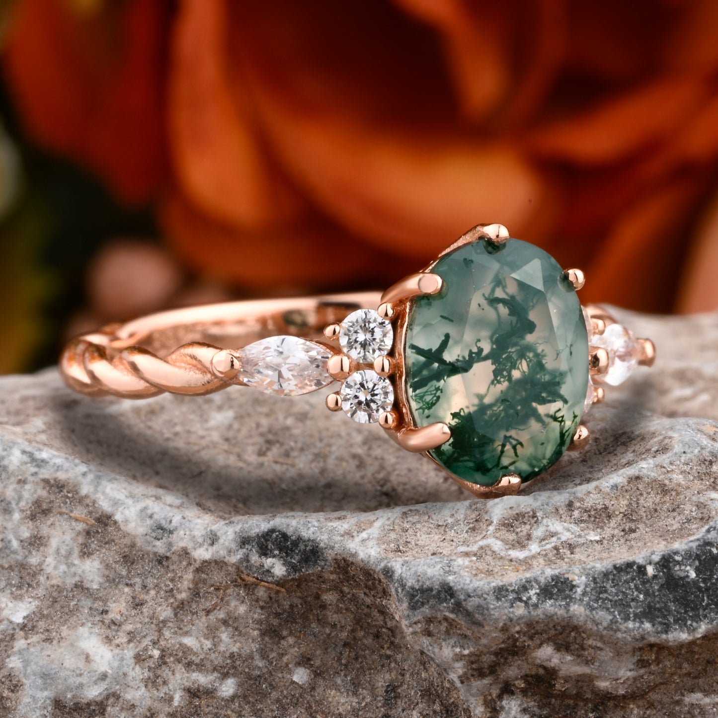 Bague de fiançailles vintage ovale en pierre de lune, bague de promesse unique en opale et moissanite