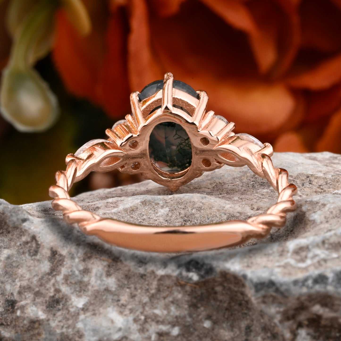 Bague de fiançailles vintage ovale en pierre de lune, bague de promesse unique en opale et moissanite
