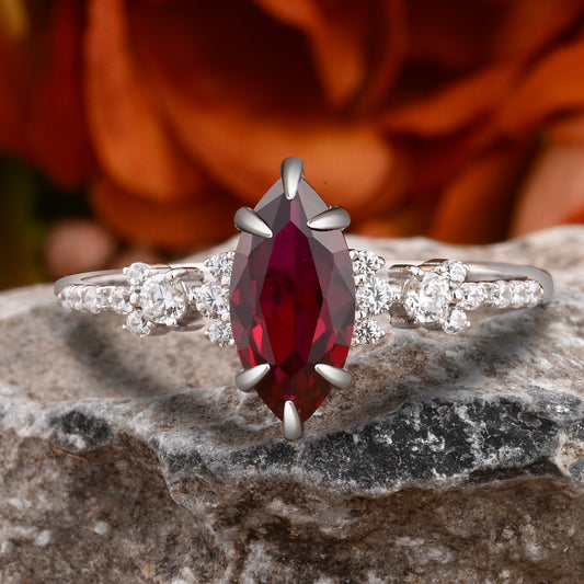 Vintage Marquise Cut Natural Ruby Engagement Ring Sets Nature Inspired Moissanite Cluster Promise Ring Rose Gold Art Deco Women Gift Ver.2