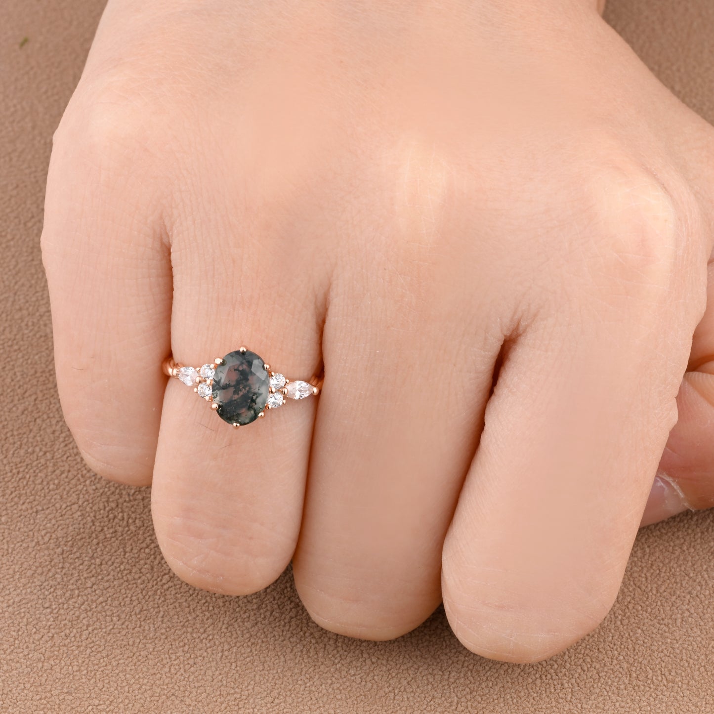 Bague de fiançailles vintage ovale en pierre de lune, bague de promesse unique en opale et moissanite