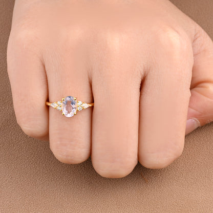 Bague de fiançailles vintage ovale en pierre de lune, bague de promesse unique en opale et moissanite