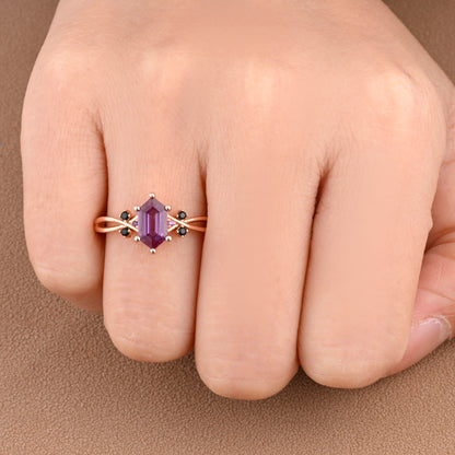 Vintage Hexagon Cut Amethyst Engagement Ring Moissanite Wedding Ring