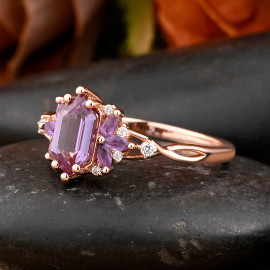 Vintage Hexagon Cut Amethyst Engagement Ring Amethyst & Moissanite Art Deco Rose Gold Dainty Bridal Ring Anniversary Ring