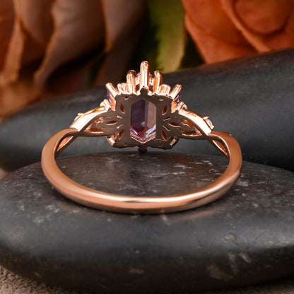Vintage Hexagon Cut Amethyst Engagement Ring Amethyst & Moissanite Art Deco Rose Gold Dainty Bridal Ring Anniversary Ring