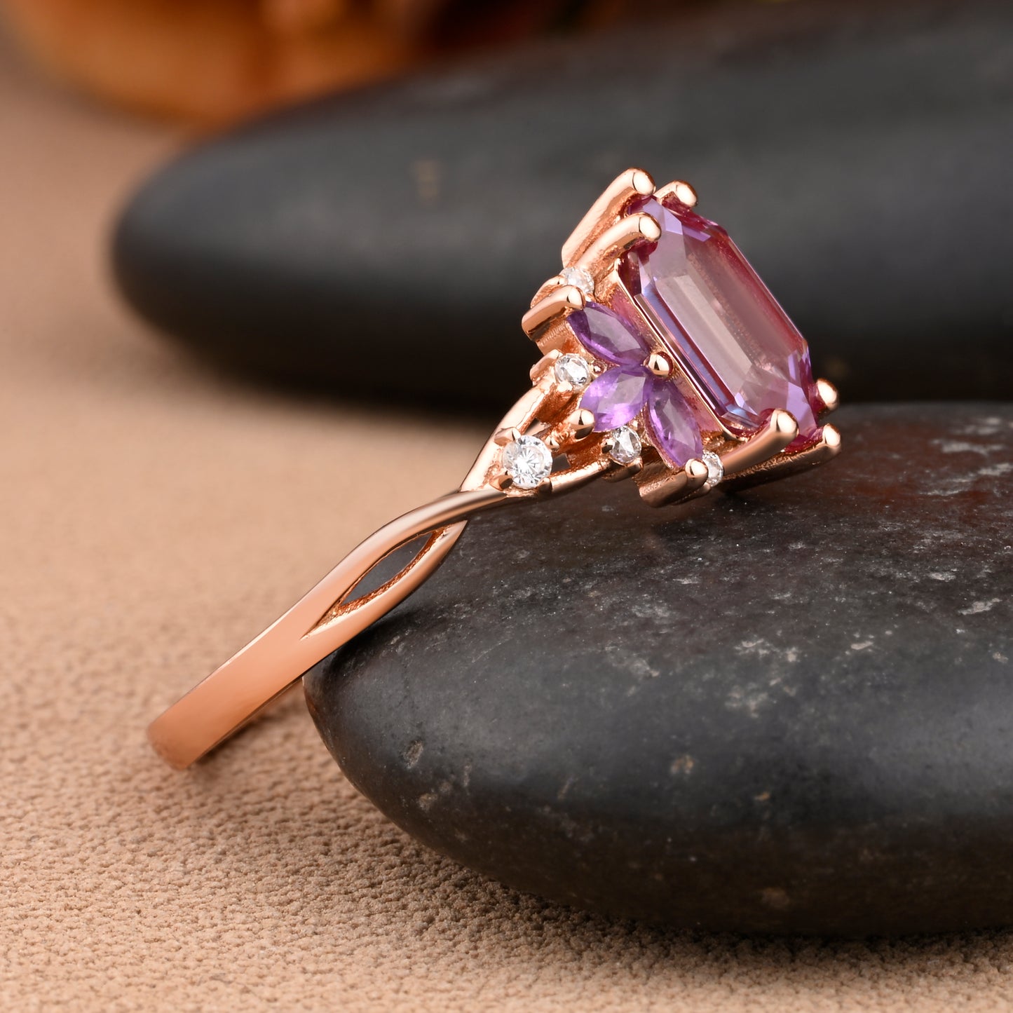 Vintage Hexagon Cut Amethyst Engagement Ring Amethyst & Moissanite Art Deco Rose Gold Dainty Bridal Ring Anniversary Ring