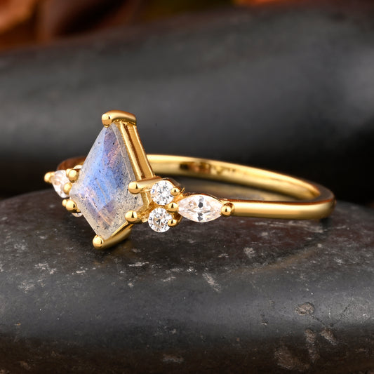 Kite Cut Labradorite Engagement Ring Art Deco Ring Rose Gold Woman Labradorite Promise Ring For Her Unique Diamond Wedding Ring