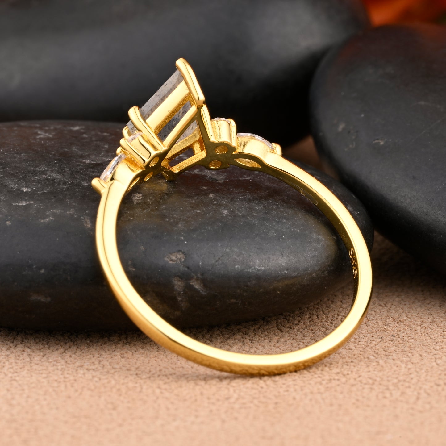 Kite Cut Labradorite Engagement Ring Art Deco Ring Rose Gold Woman Labradorite Promise Ring For Her Unique Diamond Wedding Ring
