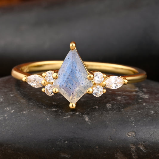 Kite Cut Labradorite Engagement Ring Art Deco Ring Rose Gold Woman Labradorite Promise Ring For Her Unique Diamond Wedding Ring