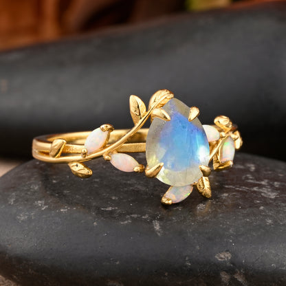 Unique Pear Cut Moonstone Engagement Women Ring Vintage Rose Gold Art Deco Cluster Leaf Nature Inspired Bridal Wedding Ring