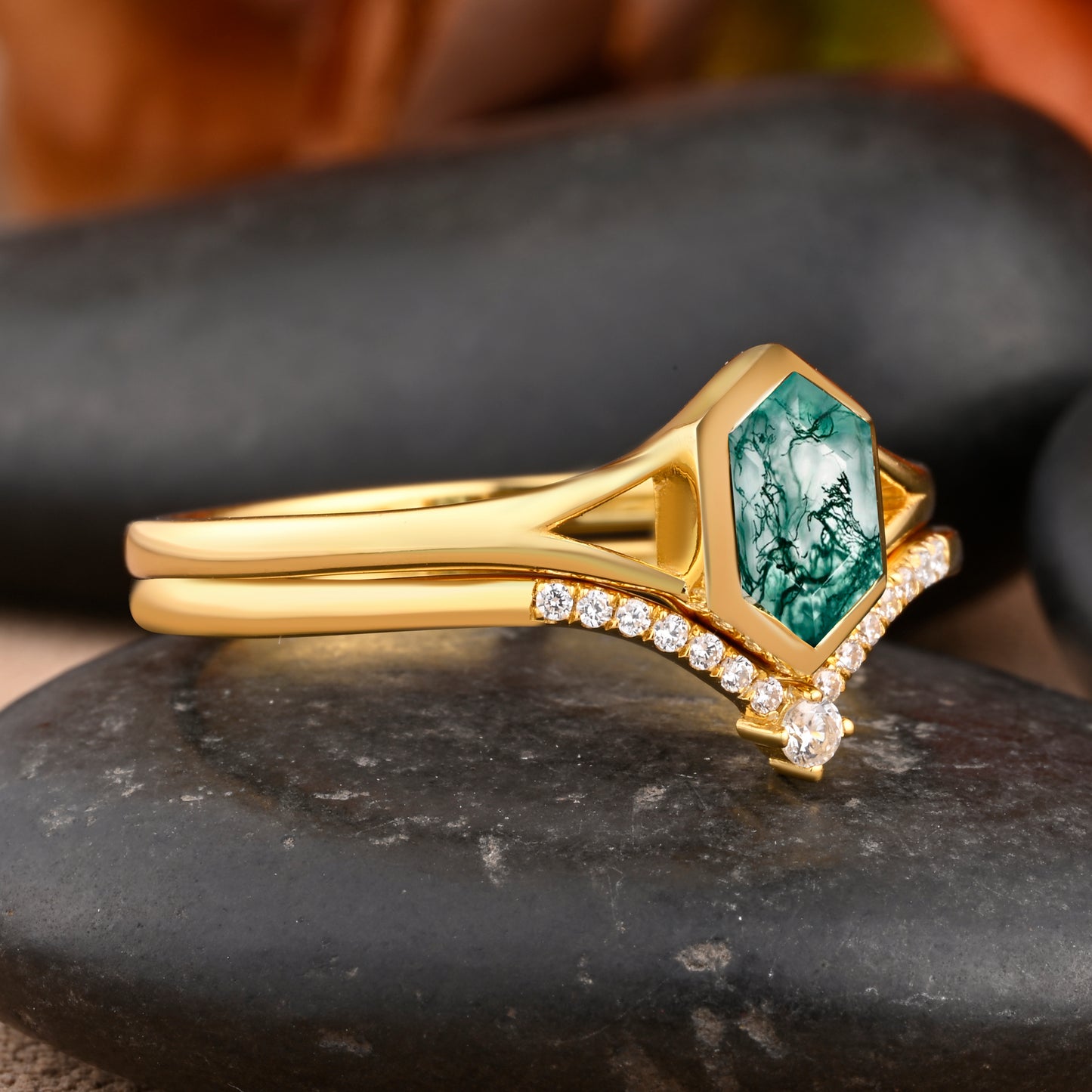 Unique Long Hexagon Cut Natural Moss Agate Solitaire Ring Vintage 14k Rose Gold Green Agate Engagement Ring Art Deco Custom Jewelry Gift