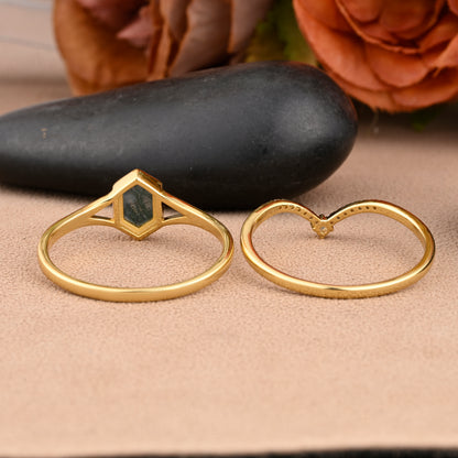 Unique Long Hexagon Cut Natural Moss Agate Solitaire Ring Vintage 14k Rose Gold Green Agate Engagement Ring Art Deco Custom Jewelry Gift