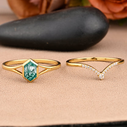 Unique Long Hexagon Cut Natural Moss Agate Solitaire Ring Vintage 14k Rose Gold Green Agate Engagement Ring Art Deco Custom Jewelry Gift