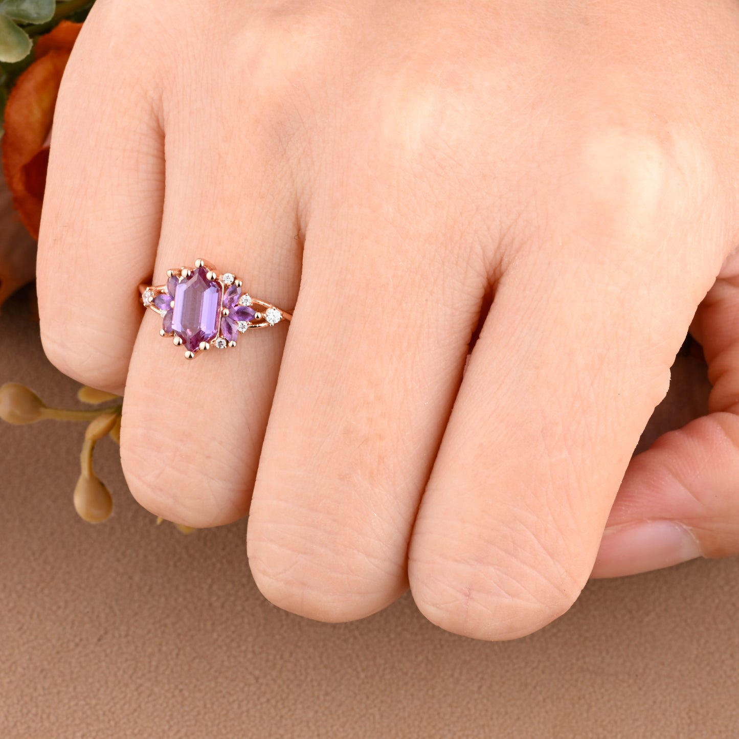 Vintage Hexagon Cut Amethyst Engagement Ring Amethyst & Moissanite Art Deco Rose Gold Dainty Bridal Ring Anniversary Ring