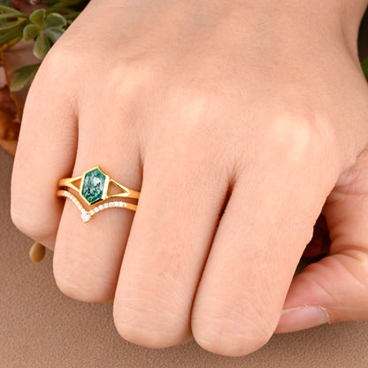 Unique Long Hexagon Cut Natural Moss Agate Solitaire Ring Vintage 14k Rose Gold Green Agate Engagement Ring Art Deco Custom Jewelry Gift