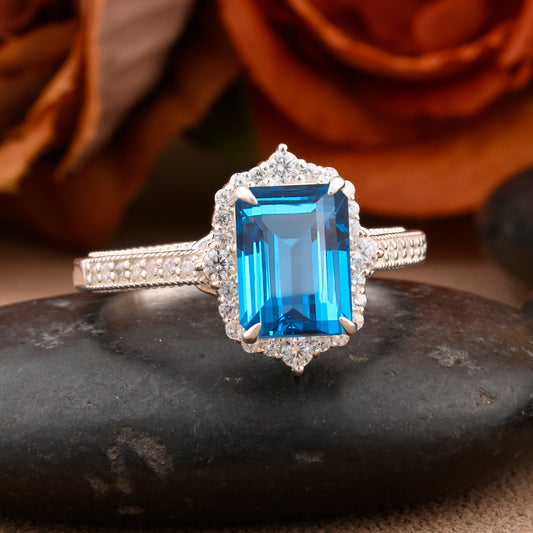 Blue Topaz Emerald Cut Ring Art Deco Handmade Octagon Gemstone Engagement Ring Personalized Jewelry Gift