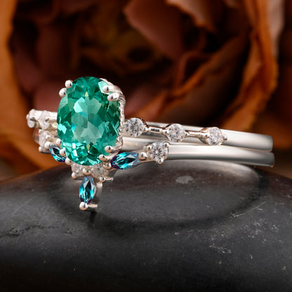 Vintage Oval Shape Tsavorite Enhancer Ring Set Unique Tsavorite Gemstone Promise Bridal Ring Set