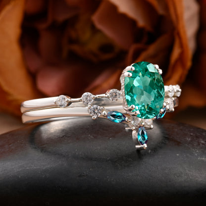 Vintage Oval Shape Tsavorite Enhancer Ring Set Unique Tsavorite Gemstone Promise Bridal Ring Set