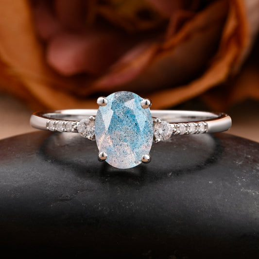 Bague de fiançailles vintage ovale en pierre de lune, bague de promesse unique en opale et moissanite