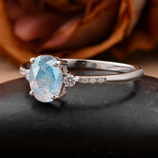 Bague de fiançailles vintage ovale en pierre de lune, bague de promesse unique en opale et moissanite