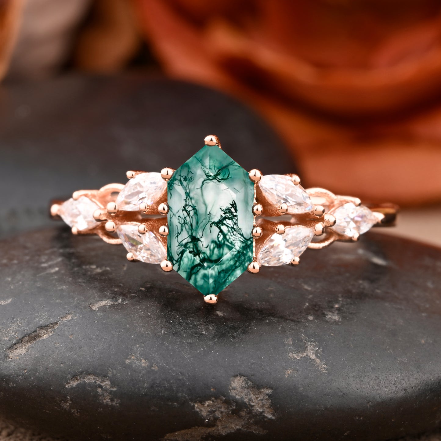 Hexagon Cut Moss Agate Engagement Ring Set Vintage Unique 14k Rose Gold Green-White Moss Agate Ring For Women Unique Bridal Wedding Ring Set Anniversary Gift