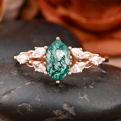 Hexagon Cut Moss Agate Engagement Ring Set Vintage Unique 14k Rose Gold Green-White Moss Agate Ring For Women Unique Bridal Wedding Ring Set Anniversary Gift
