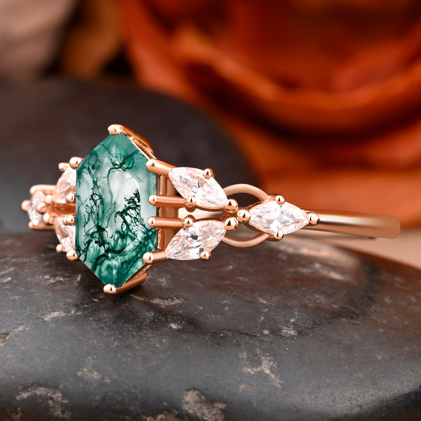 Hexagon Cut Moss Agate Engagement Ring Set Vintage Unique 14k Rose Gold Green-White Moss Agate Ring For Women Unique Bridal Wedding Ring Set Anniversary Gift
