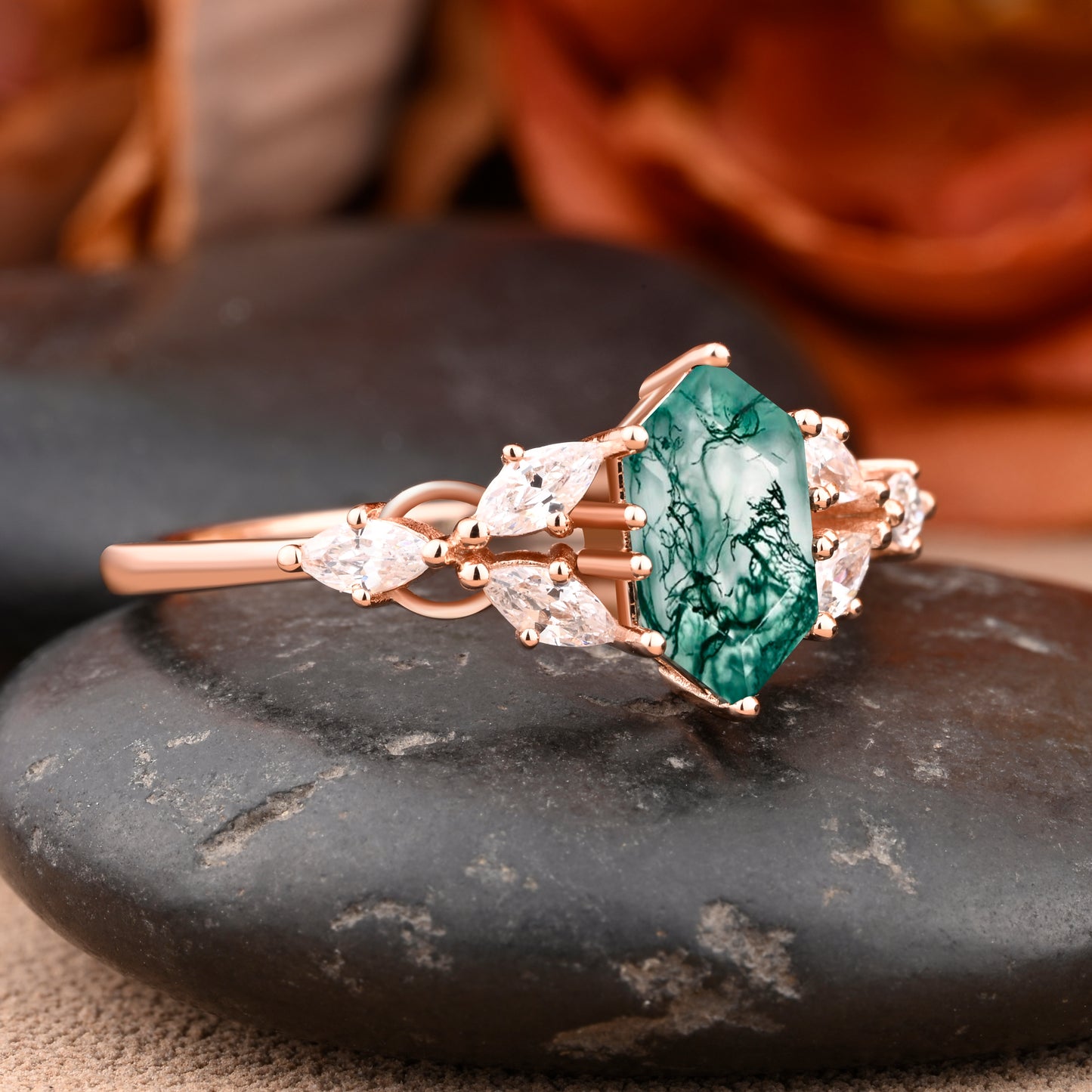 Hexagon Cut Moss Agate Engagement Ring Set Vintage Unique 14k Rose Gold Green-White Moss Agate Ring For Women Unique Bridal Wedding Ring Set Anniversary Gift