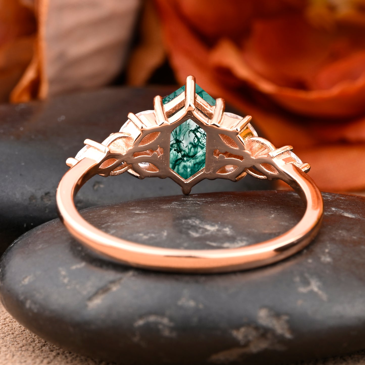 Hexagon Cut Moss Agate Engagement Ring Set Vintage Unique 14k Rose Gold Green-White Moss Agate Ring For Women Unique Bridal Wedding Ring Set Anniversary Gift