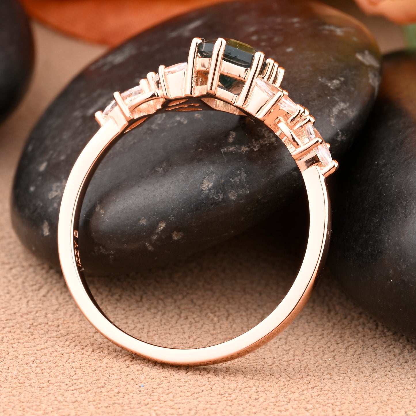Hexagon Cut Moss Agate Engagement Ring Set Vintage Unique 14k Rose Gold Green-White Moss Agate Ring For Women Unique Bridal Wedding Ring Set Anniversary Gift