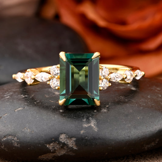 Emerald Cut Green Emerald Engagement Ring 14k Solid Yellow Gold Moissanite Cluster Ring Anniversary Gift For Her May Birthstone Promise Ring