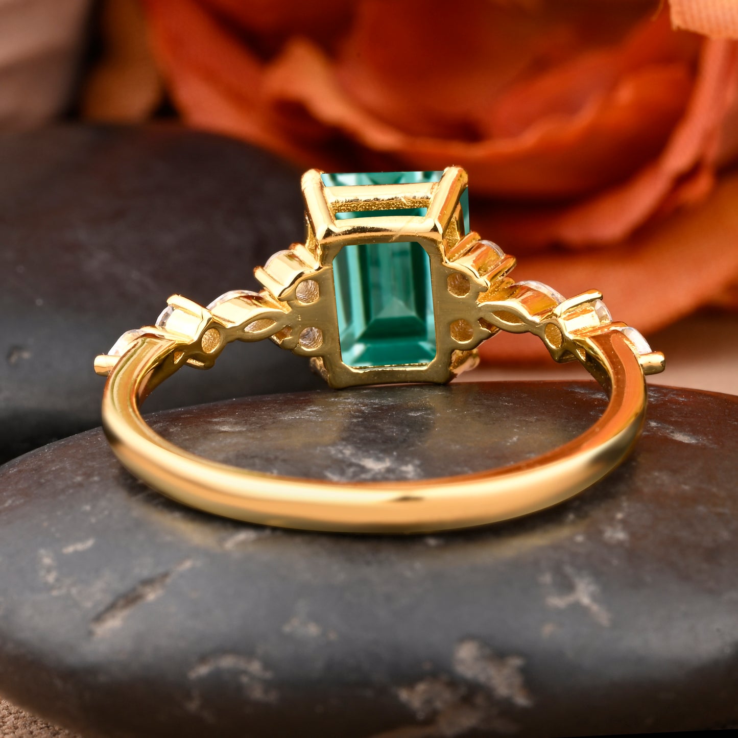 Emerald Cut Green Emerald Engagement Ring 14k Solid Yellow Gold Moissanite Cluster Ring Anniversary Gift For Her May Birthstone Promise Ring