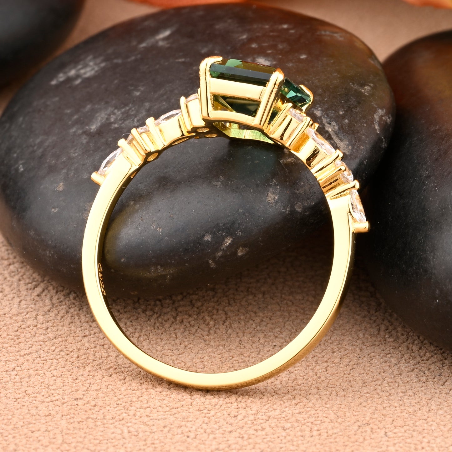 Emerald Cut Green Emerald Engagement Ring 14k Solid Yellow Gold Moissanite Cluster Ring Anniversary Gift For Her May Birthstone Promise Ring