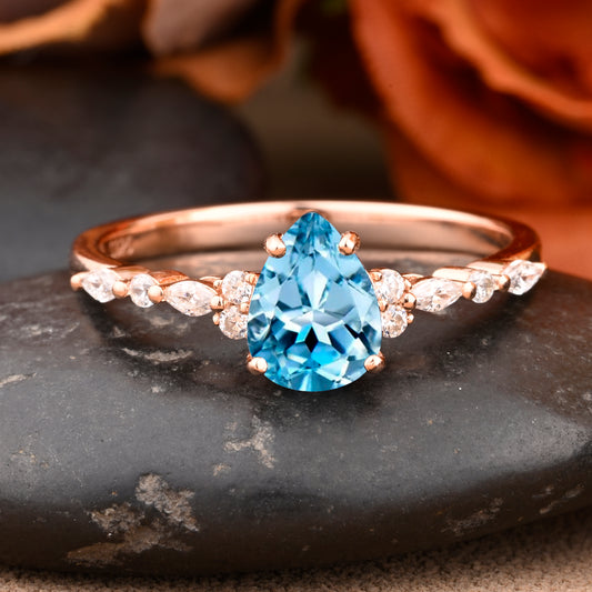 Natural Pure Aquamarine Engagement Ring Yellow Gold Pear Aquamarine Engagement Ring Hidden Halo Ring Women Solitaire Classic Promise Ring