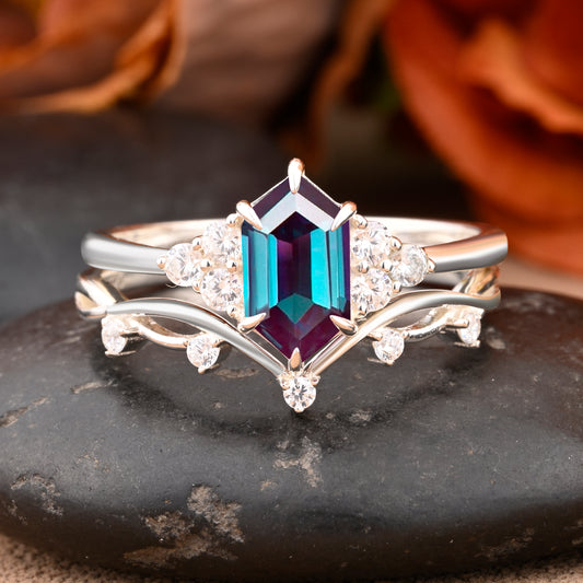 Vintage Hexagon Shape Alexandrite Engagement Ring Set Unique Alexandrite Gemstone Promise Bridal Ring Set Anniversary Gift