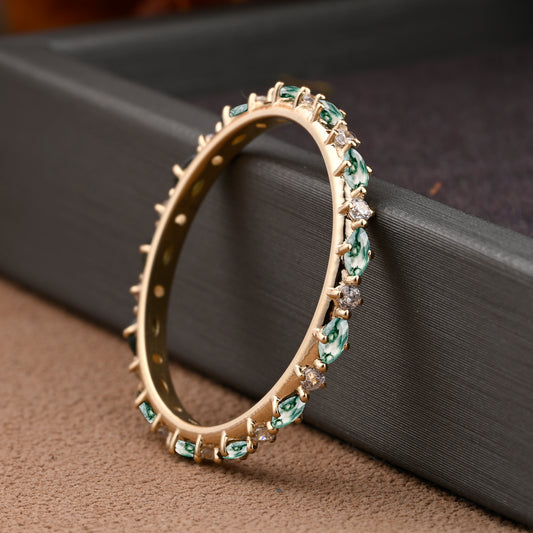 Unique Marquise Moss Agate wedding band Rose gold moissanite wedding band women full eternity matching stacking ring Anniversary gift for her