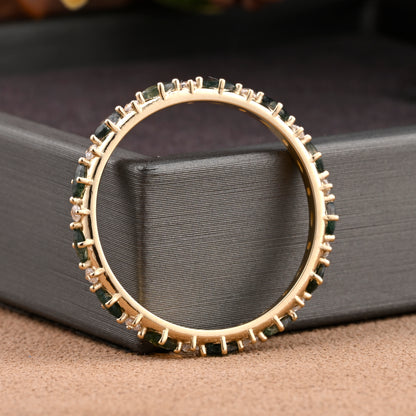 Unique Marquise Moss Agate wedding band Rose gold moissanite wedding band women full eternity matching stacking ring Anniversary gift for her
