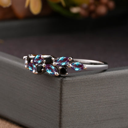 Unique Alexandrite Wedding Band Delicate Marquise Cut Alexandrite Gemstone Matching Band Vintage Black Onyx Stacking Promise Ring