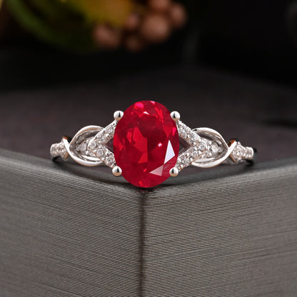 Oval Ruby Engagement Ring Vintage Sterling Silver Ring Women Moissanite Twisted Hollow Wedding Ring Bridal Promise Ring