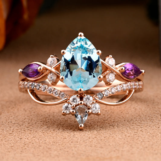 Vintage Birnenform Aquamarin Verlobungsring Set Unikat Versprechen Brautring Set Jubiläumsgeschenk