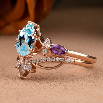 Bague de fiançailles vintage en forme de poire avec aigue-marine, ensemble de bagues de mariage uniques, cadeau d'anniversaire