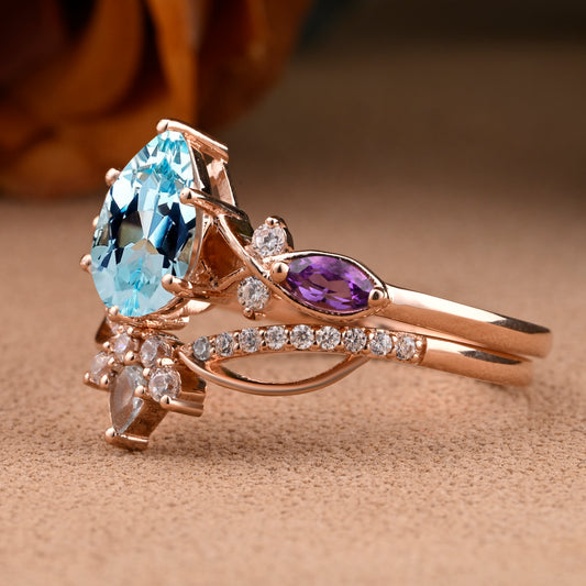 Vintage Birnenform Aquamarin Verlobungsring Set Unikat Versprechen Brautring Set Jubiläumsgeschenk