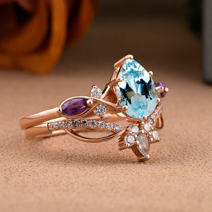 Bague de fiançailles vintage en forme de poire avec aigue-marine, ensemble de bagues de mariage uniques, cadeau d'anniversaire